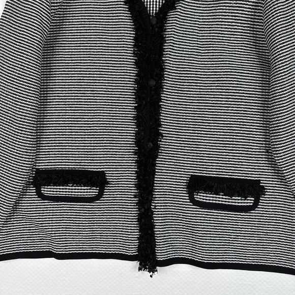 Exclusively Misook Fringe Trim Cardigan Jacket Black White‎ Knit Career Classic - Picture 3 of 11